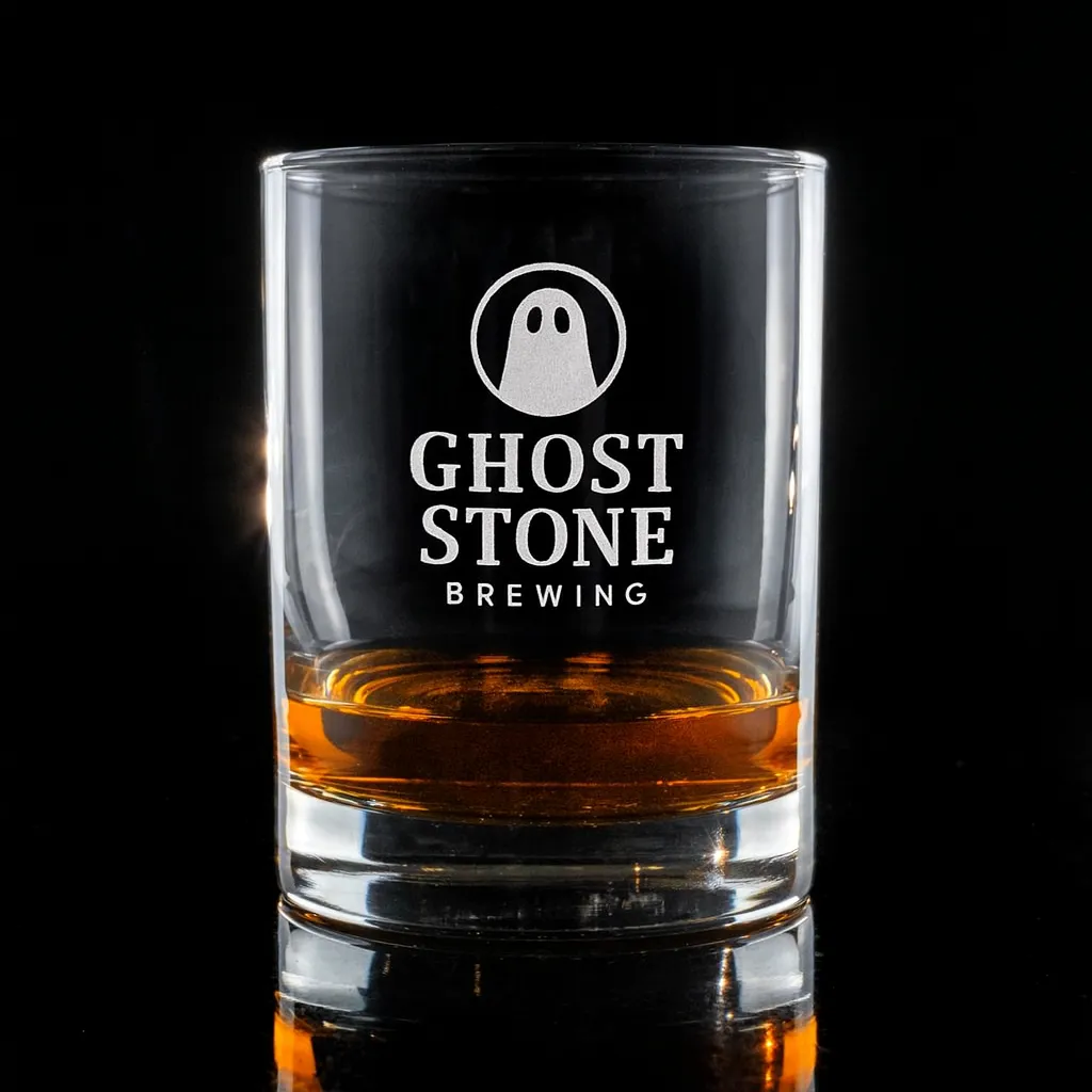 14.25 oz. Stolzle New York Bar Rocks — custom engraved with a brand logo