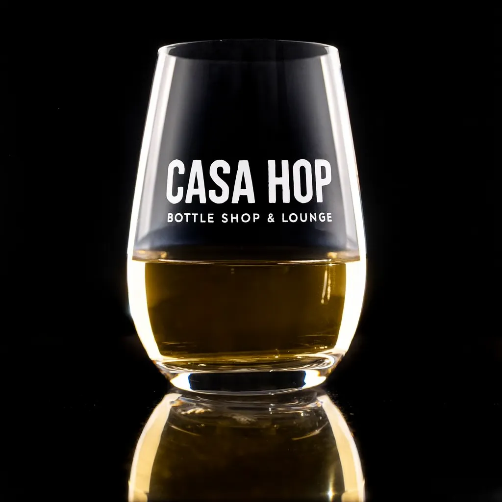 15.75 oz. Stolzle Stemless Wine Glass — custom engraved with a brand logo
