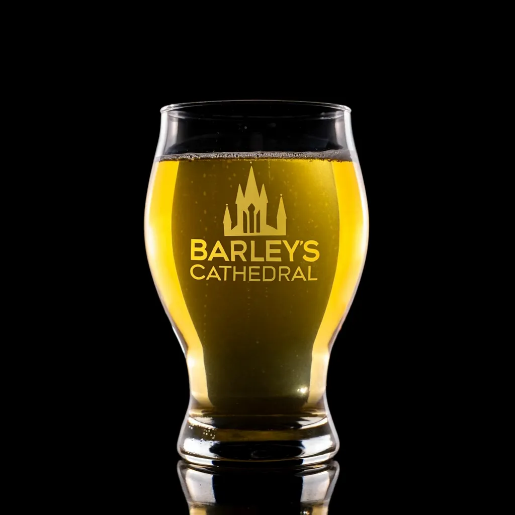 16 oz. Barlow Glass — custom engraved with a brand logo