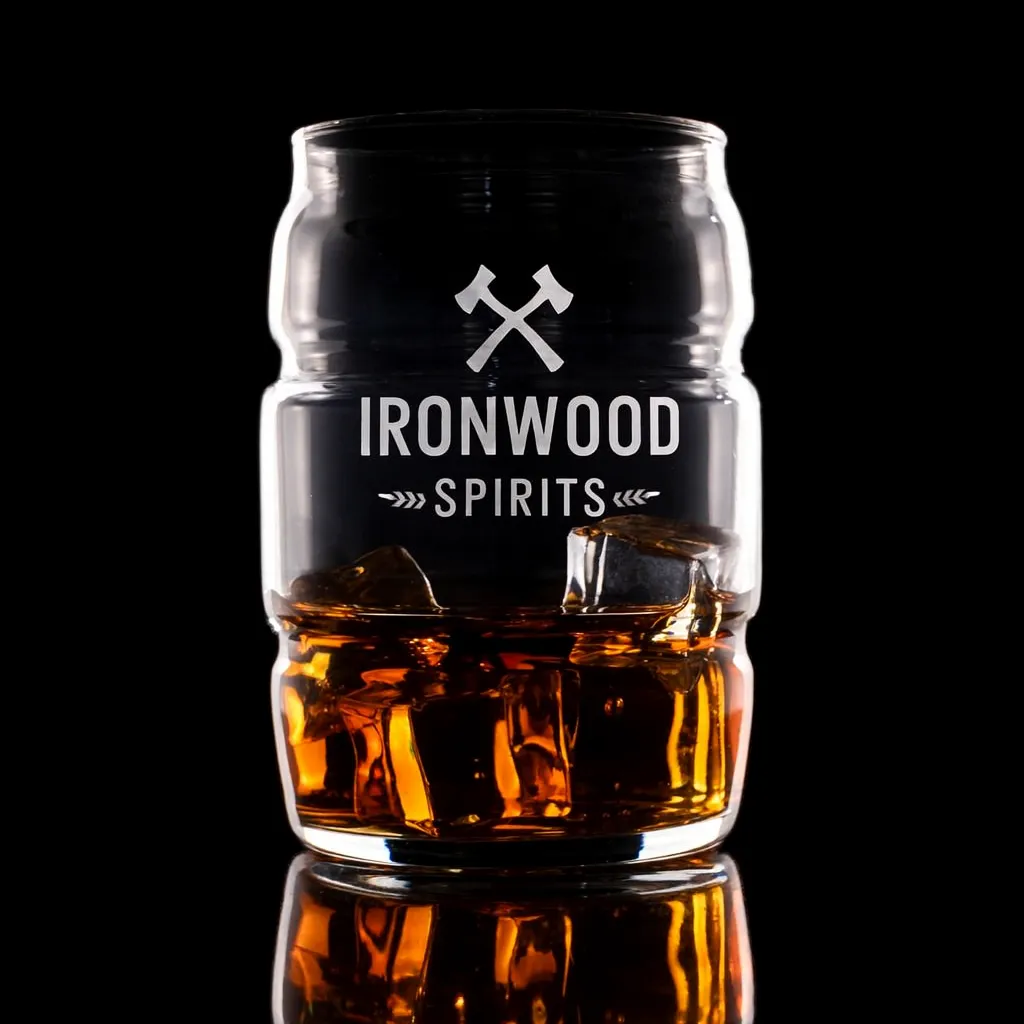 16 oz. Barrel Glass — custom engraved with a brand logo