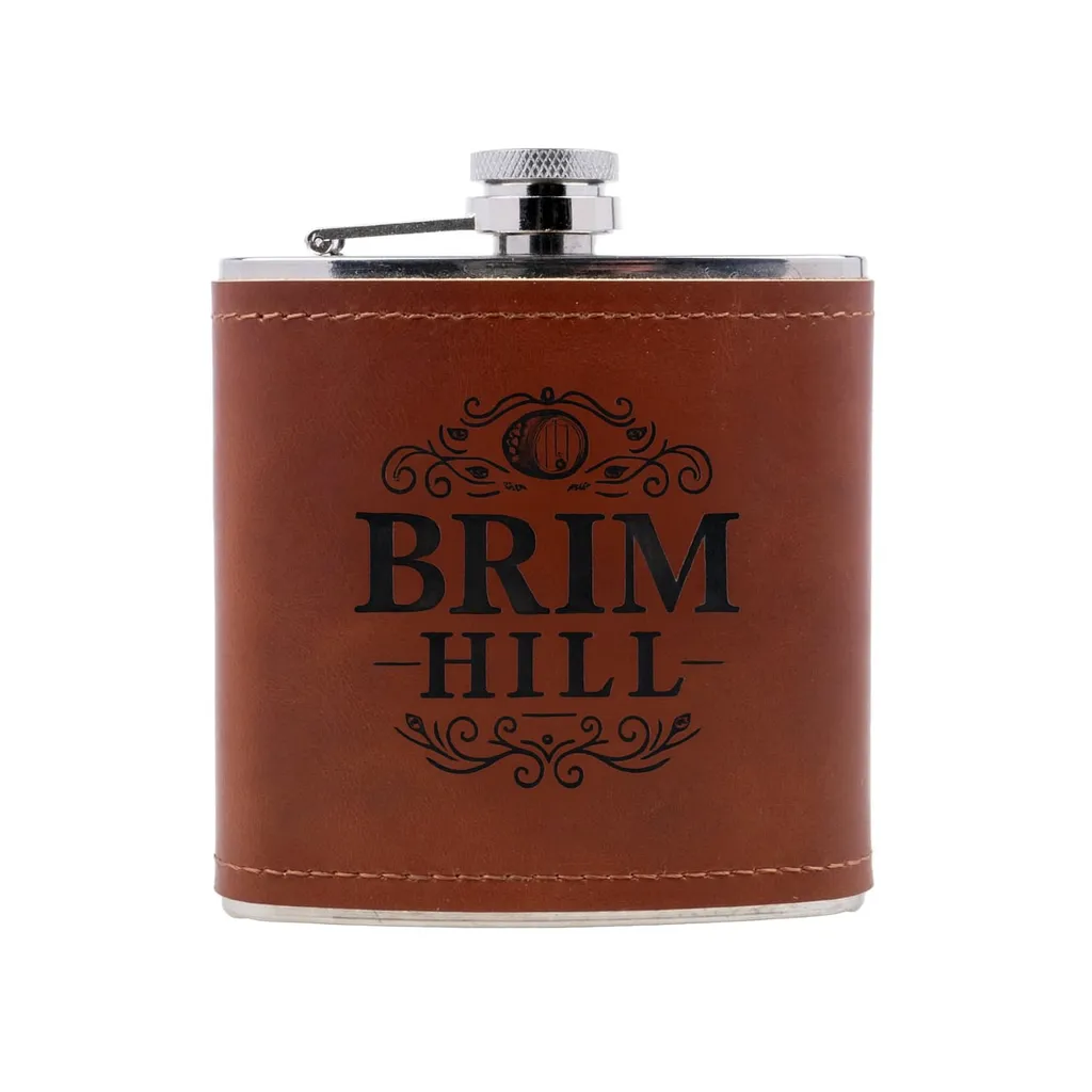 6 oz. Aged Cognac Leather Flask — custom engraved with a brand logo
