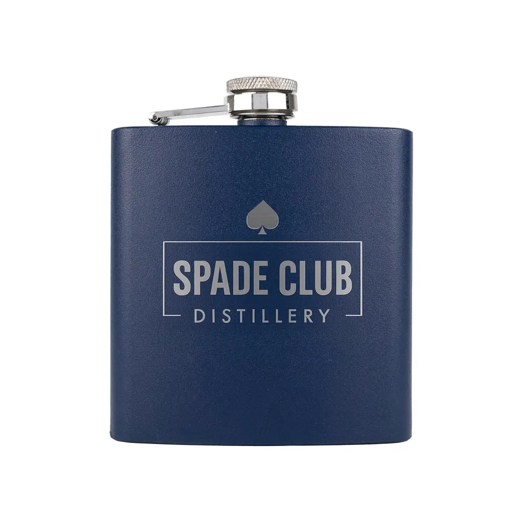 6 oz. Navy Blue Flask — custom engraved with a brand logo