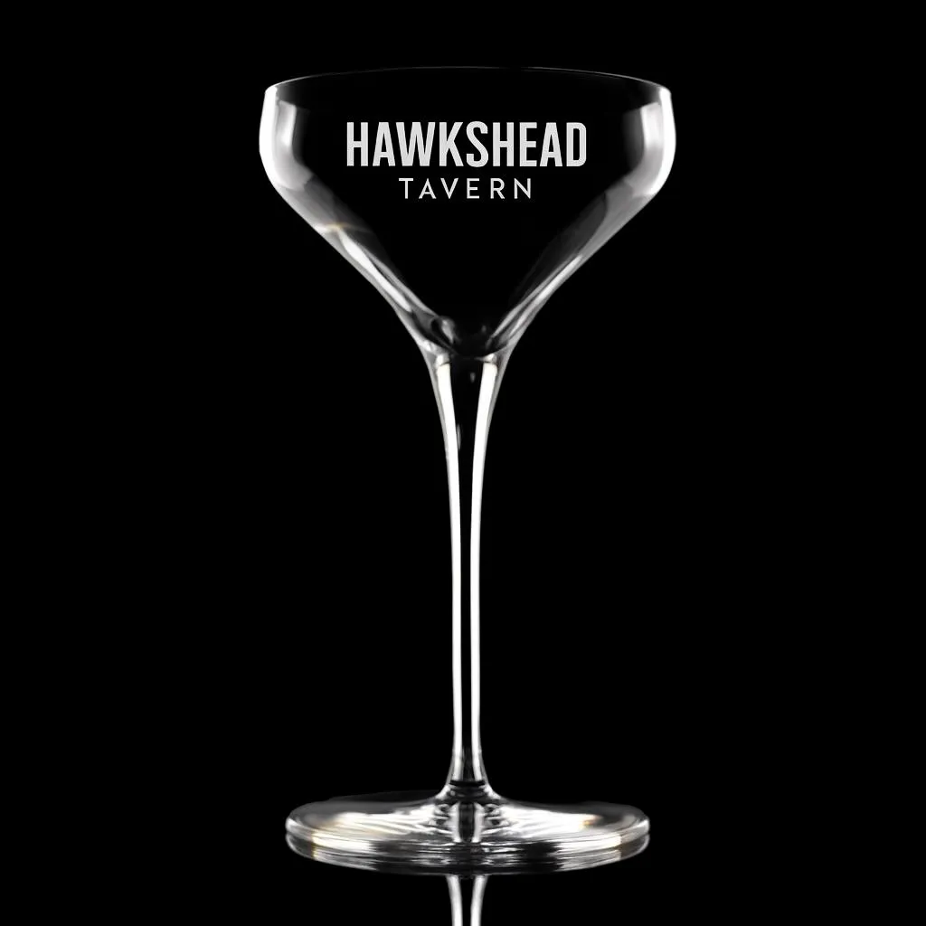 6 oz. Prism Coupe Glass — custom engraved with a brand logo