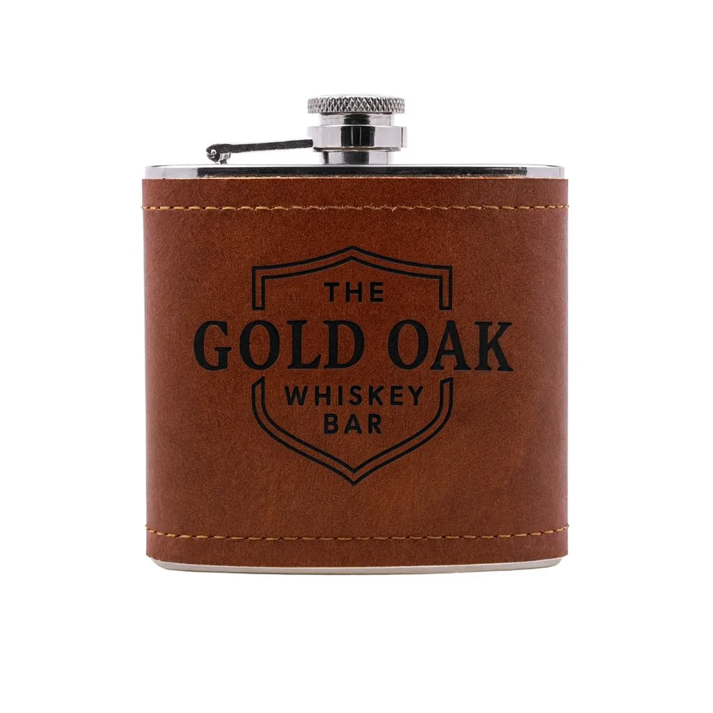 6 oz. Rustic Cognac Leather Flask — custom engraved with a brand logo