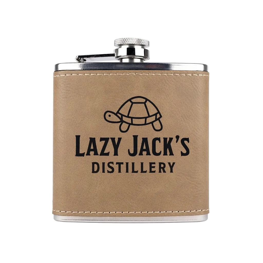 6 oz. Tan Ultrahyde Flask — custom engraved with a brand logo