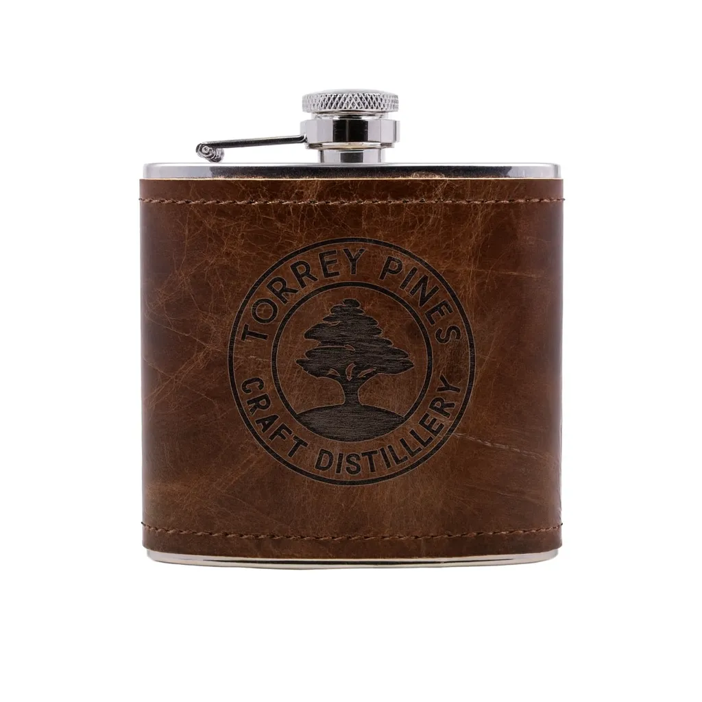 6 oz. Wick·ed Rum Leather Flask — custom engraved with a brand logo