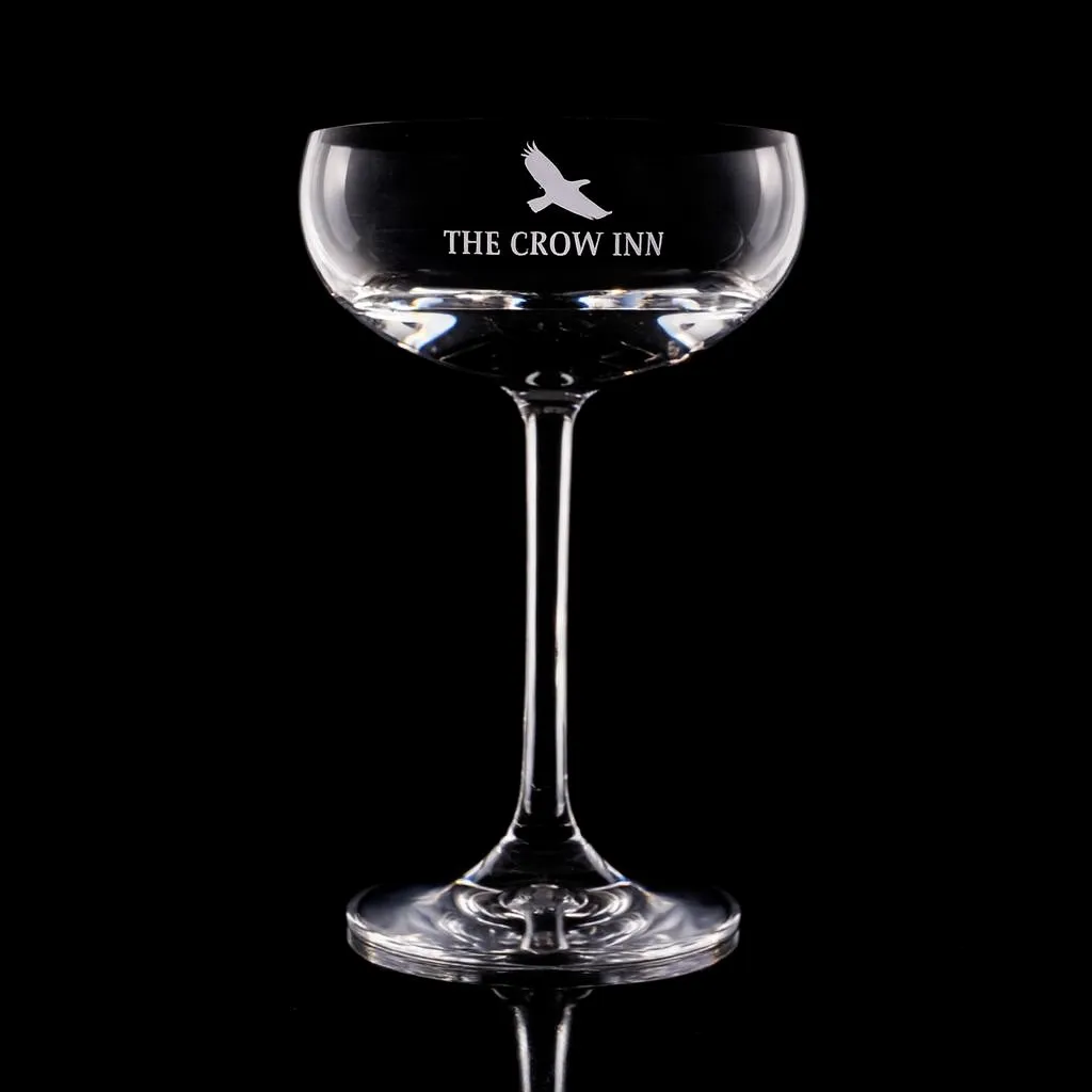 7.75 oz. Stolzle Coupe — custom engraved with a brand logo