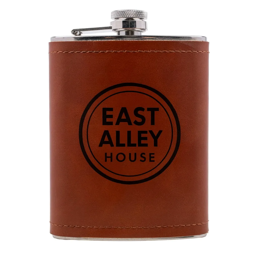 8 oz. Aged Cognac Leather Flask — custom engraved with a brand logo