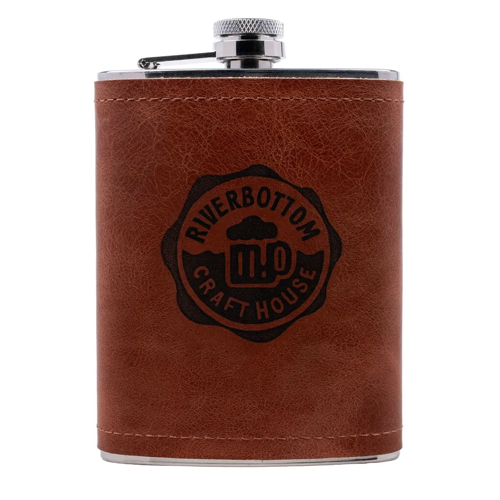 8 oz. Rustic Cognac Leather Flask — custom engraved with a brand logo