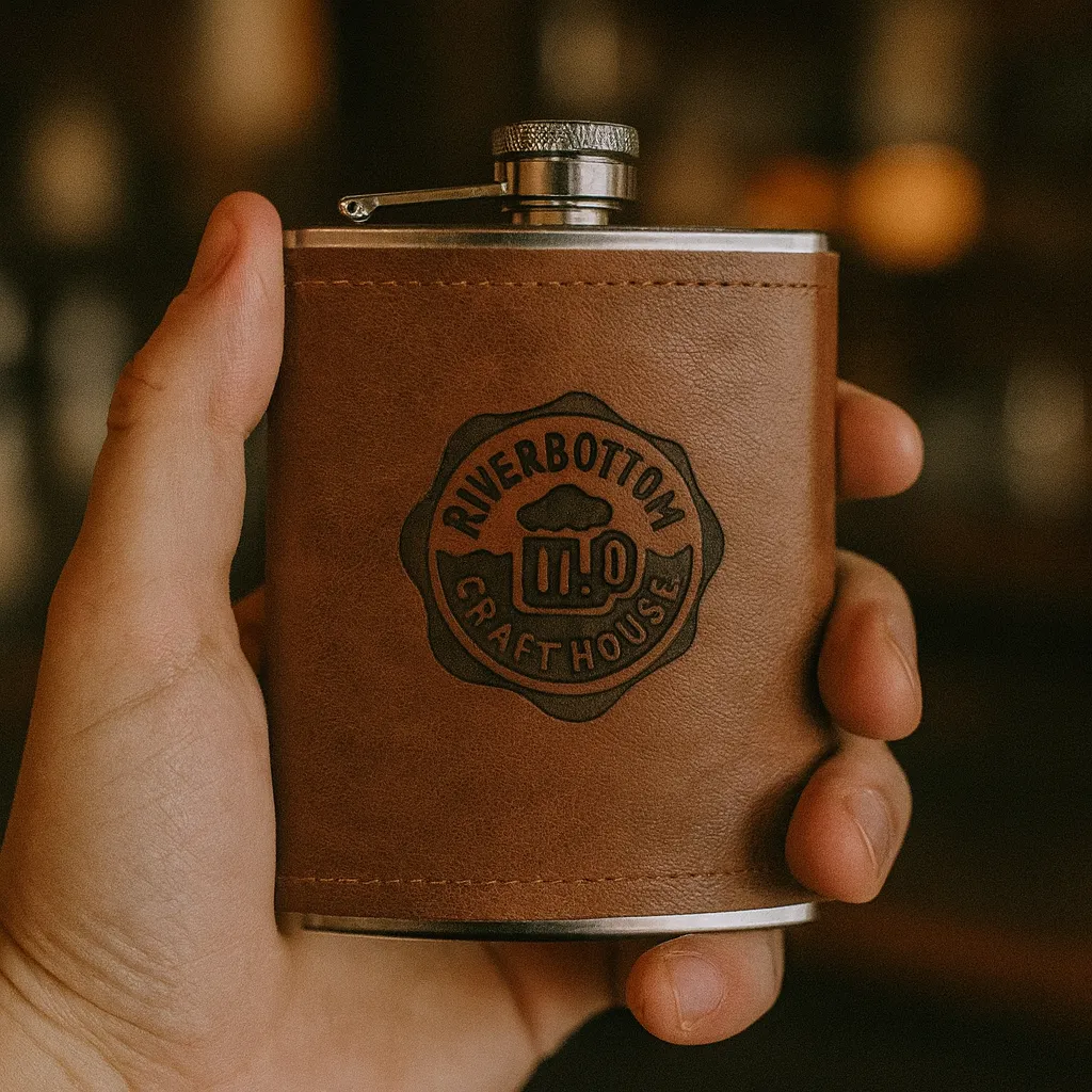 8 oz. Rustic Cognac Leather Flask — in hand