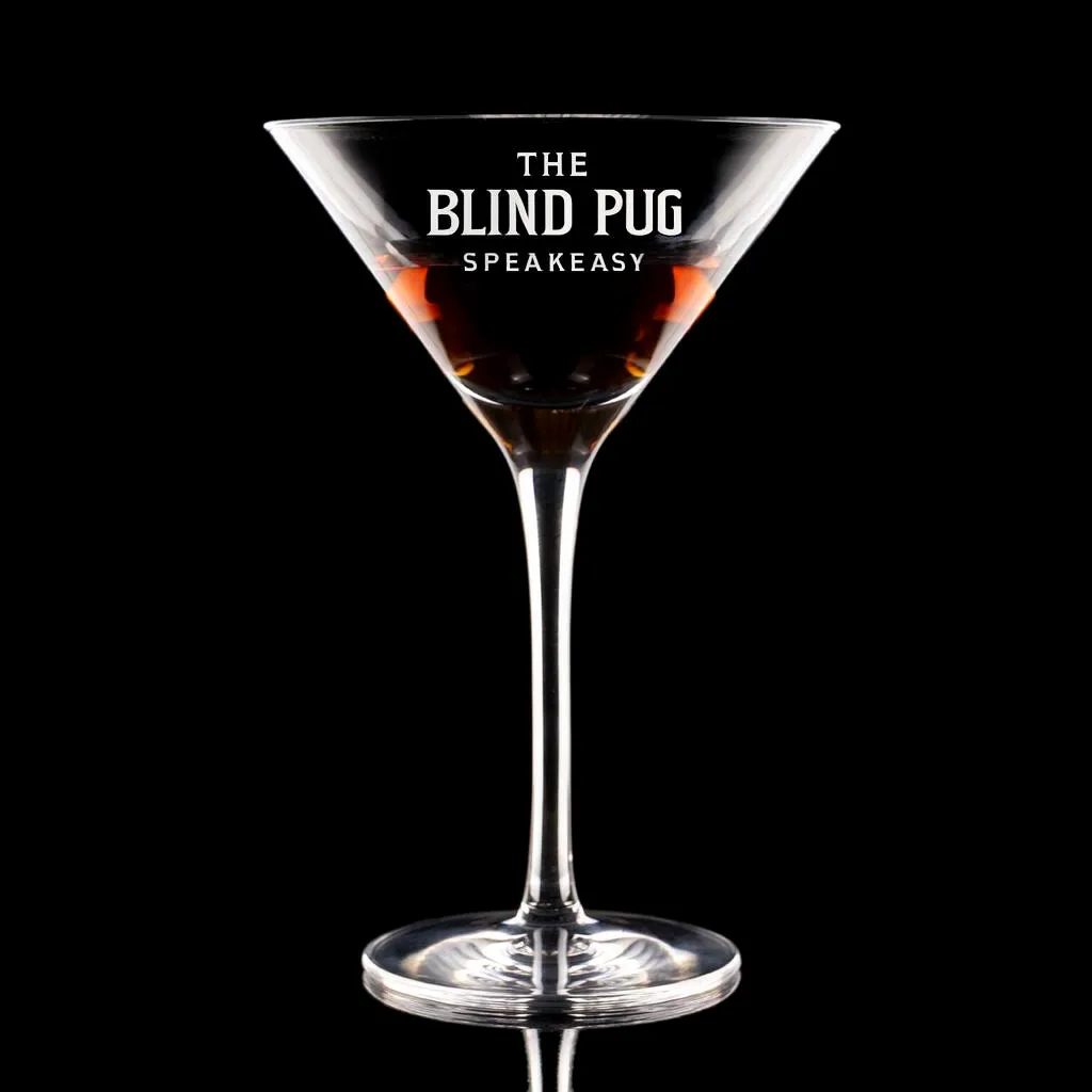 9 oz. Stolzle New York Martini Glass — custom engraved with a brand logo