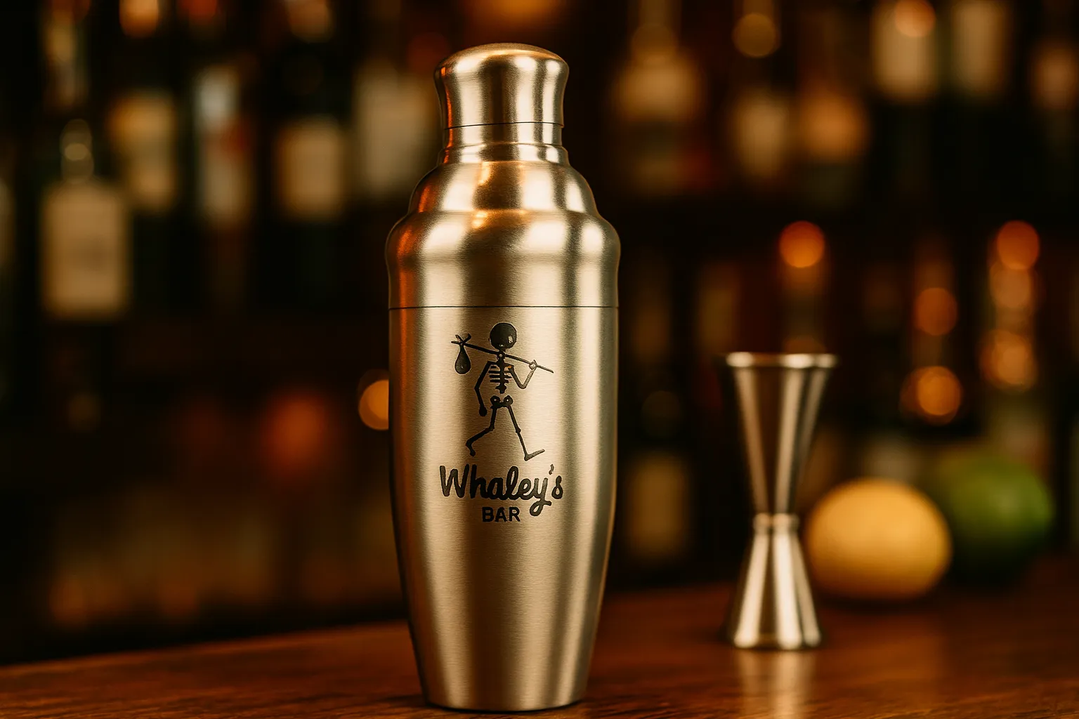 Premium Cocktail Shaker engraved with a logo, shown in a bar setting