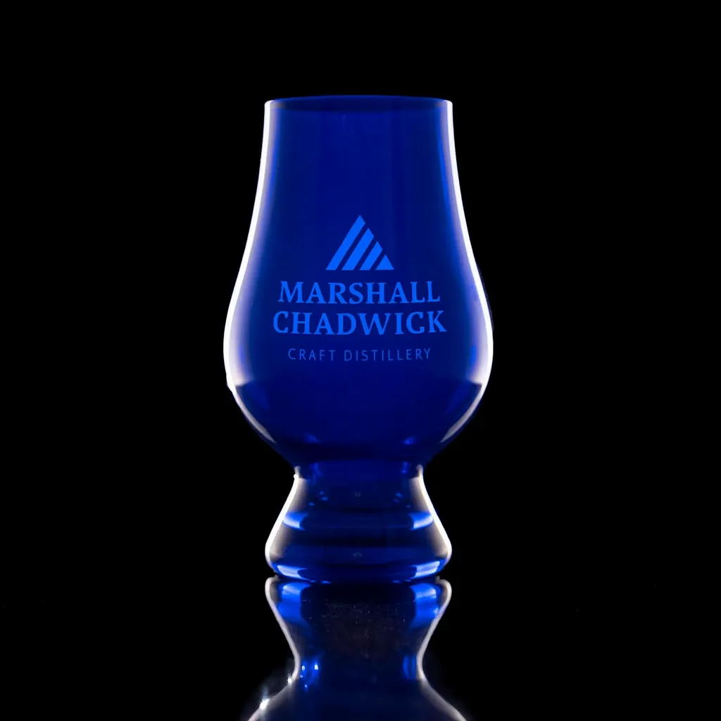 Blue Glencairn Glass — custom engraved with a brand logo