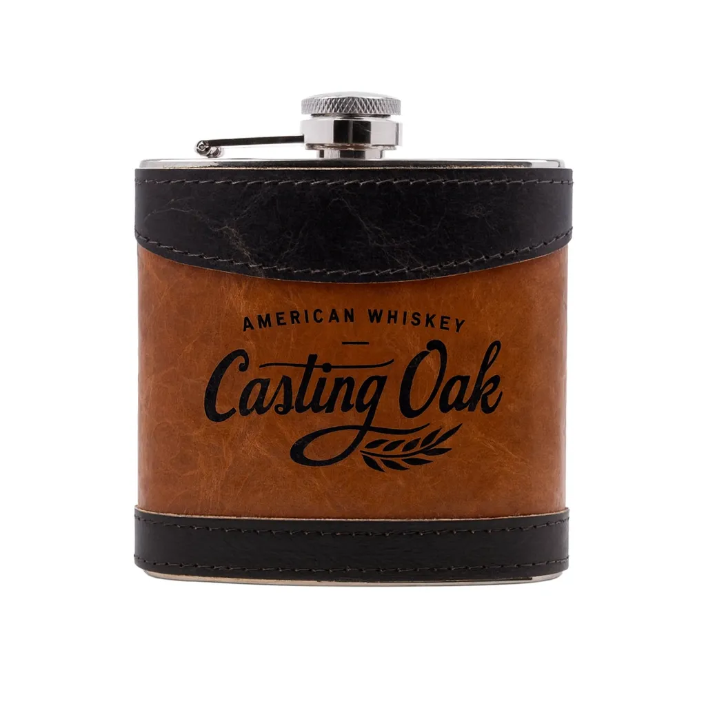 Espresso Double Aged Leather Flask — custom engraved with a brand logo