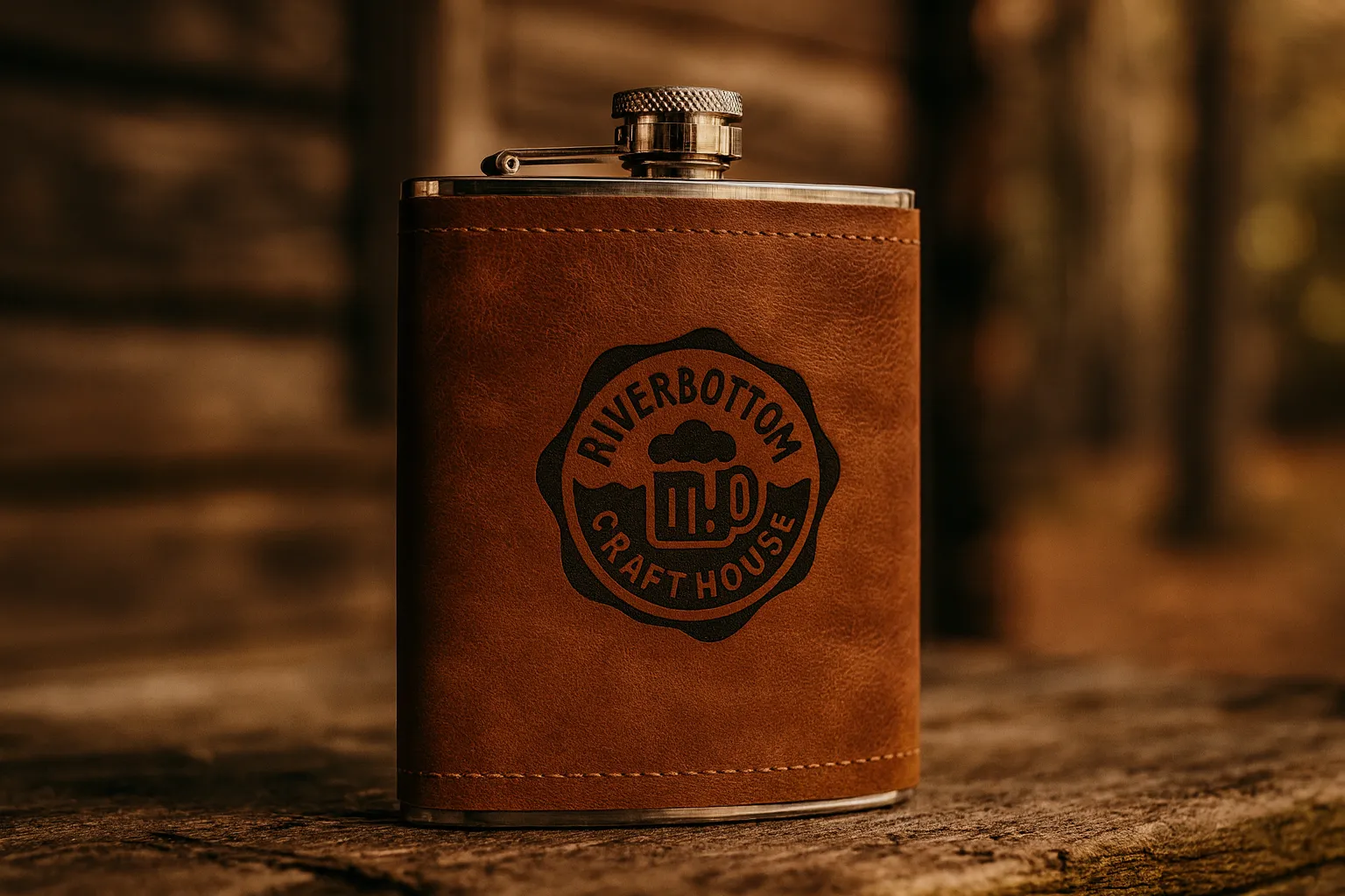 8 oz. Rustic Cognac Leather Flask engraved with a logo, shown in a bar setting