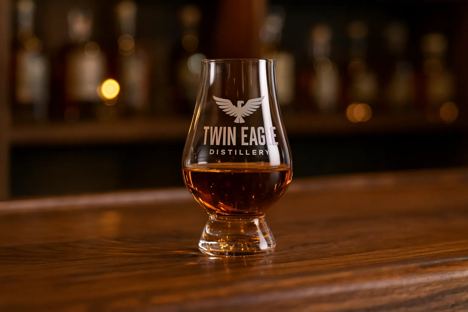 Glencairn Whiskey Glass engraved with a logo, shown in a bar setting