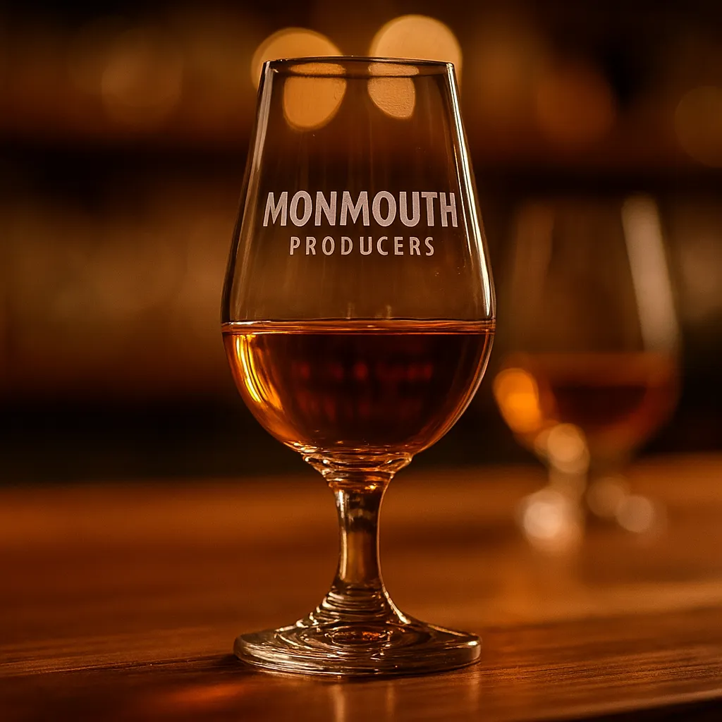 Glencairn Copita Glass engraved with a logo, shown in a bar setting