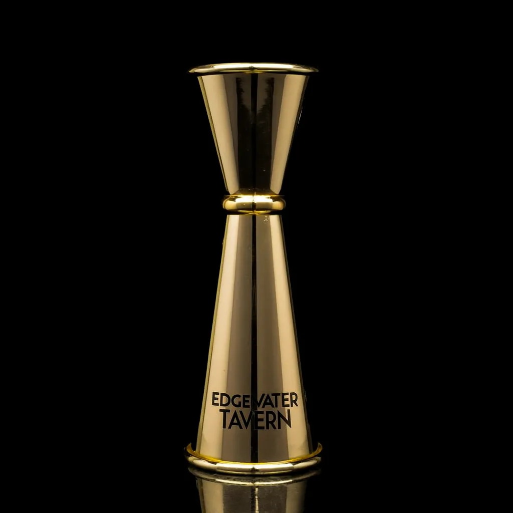 Gold Japanese Jigger — custom engraved with a brand logo