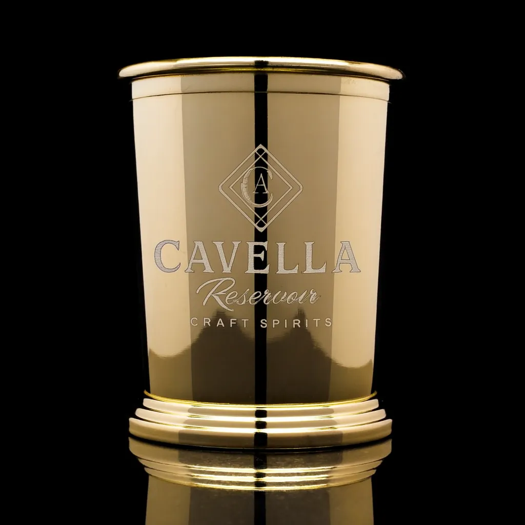 Gold Mint Julep Cup — custom engraved with a brand logo