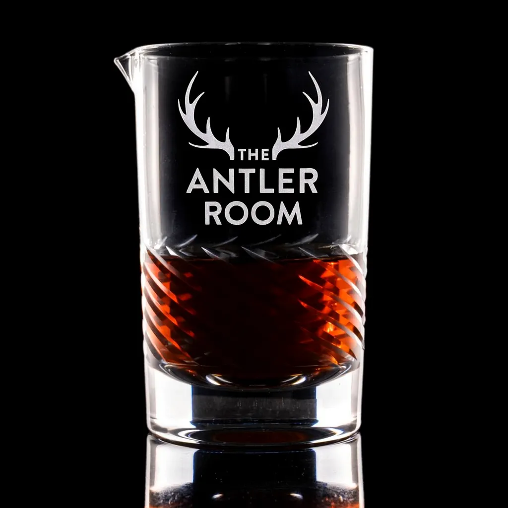 Luna Swirl Mixing Glass — custom engraved with a brand logo