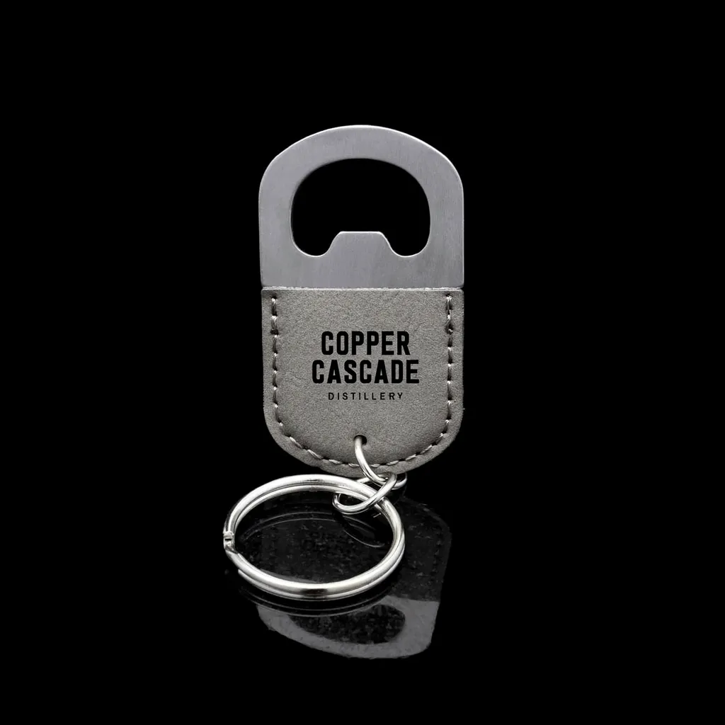 Oval Gray Keychain Bottle Opener — custom engraved with a brand logo
