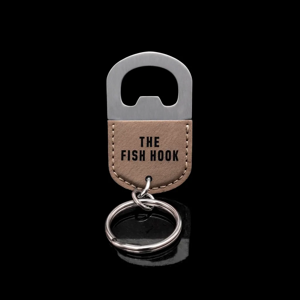 Oval Tan Keychain Bottle Opener — custom engraved with a brand logo