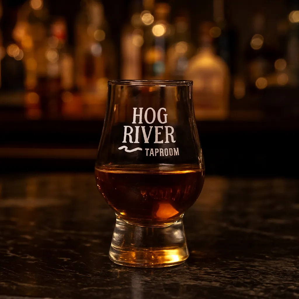 Perfect Dram engraved with a logo, shown in a bar setting