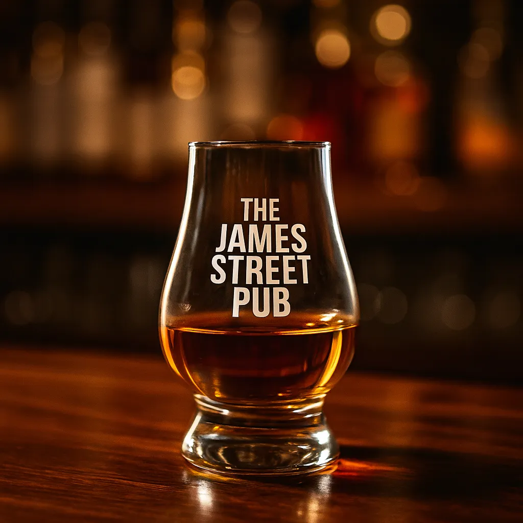 Spey Dram engraved with a logo, shown in a bar setting