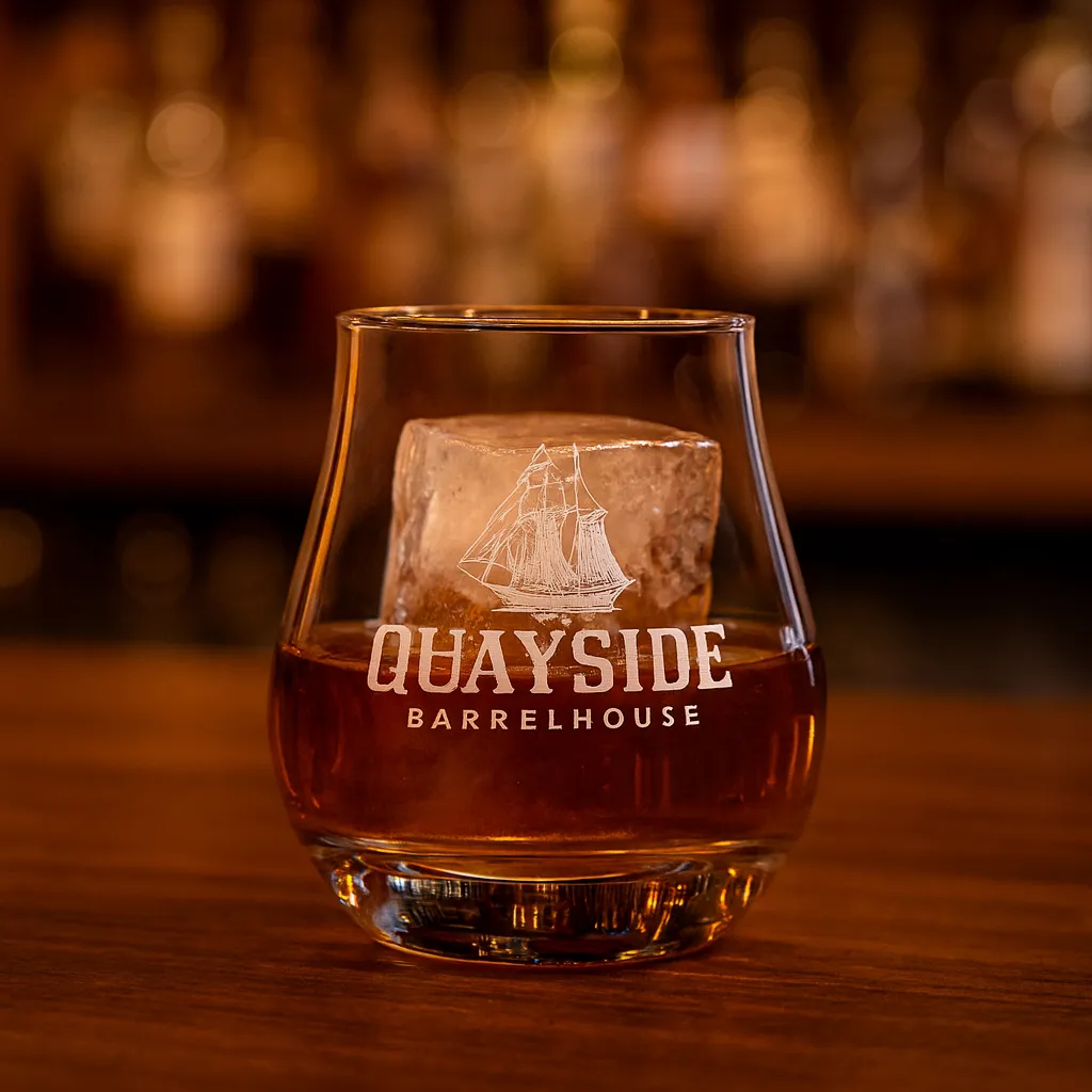 Spey Whiskey Rocks engraved with a logo, shown in a bar setting