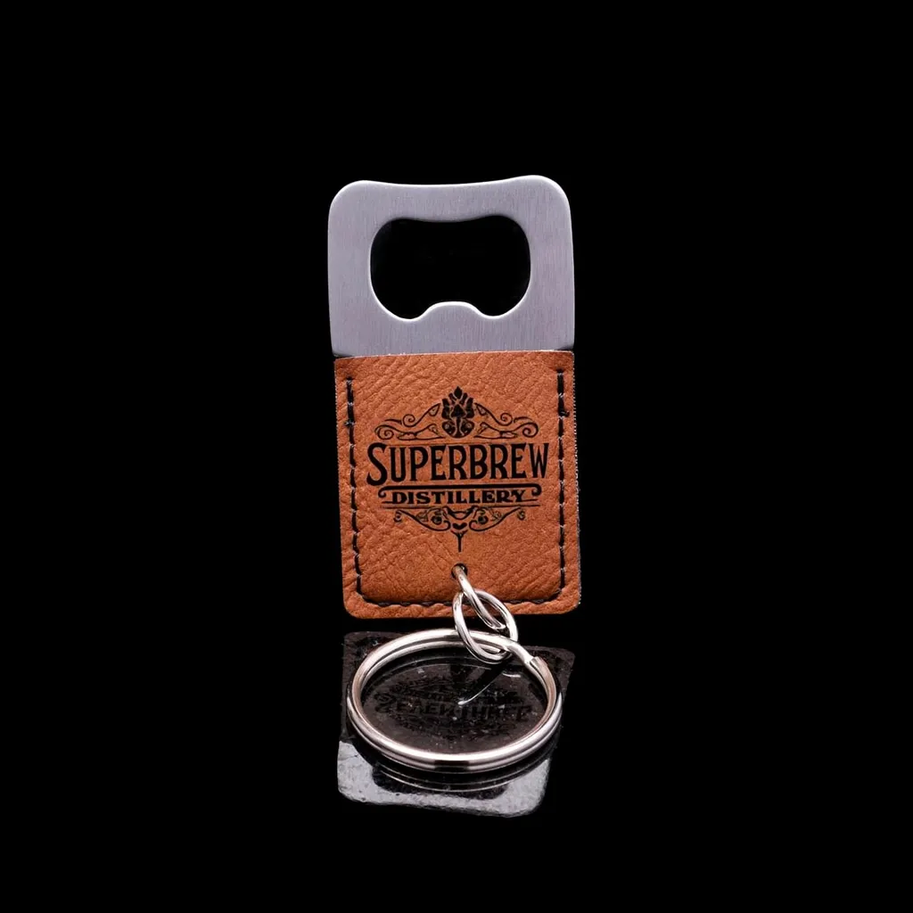 Square Cognac Keychain Bottle Opener — custom engraved with a brand logo