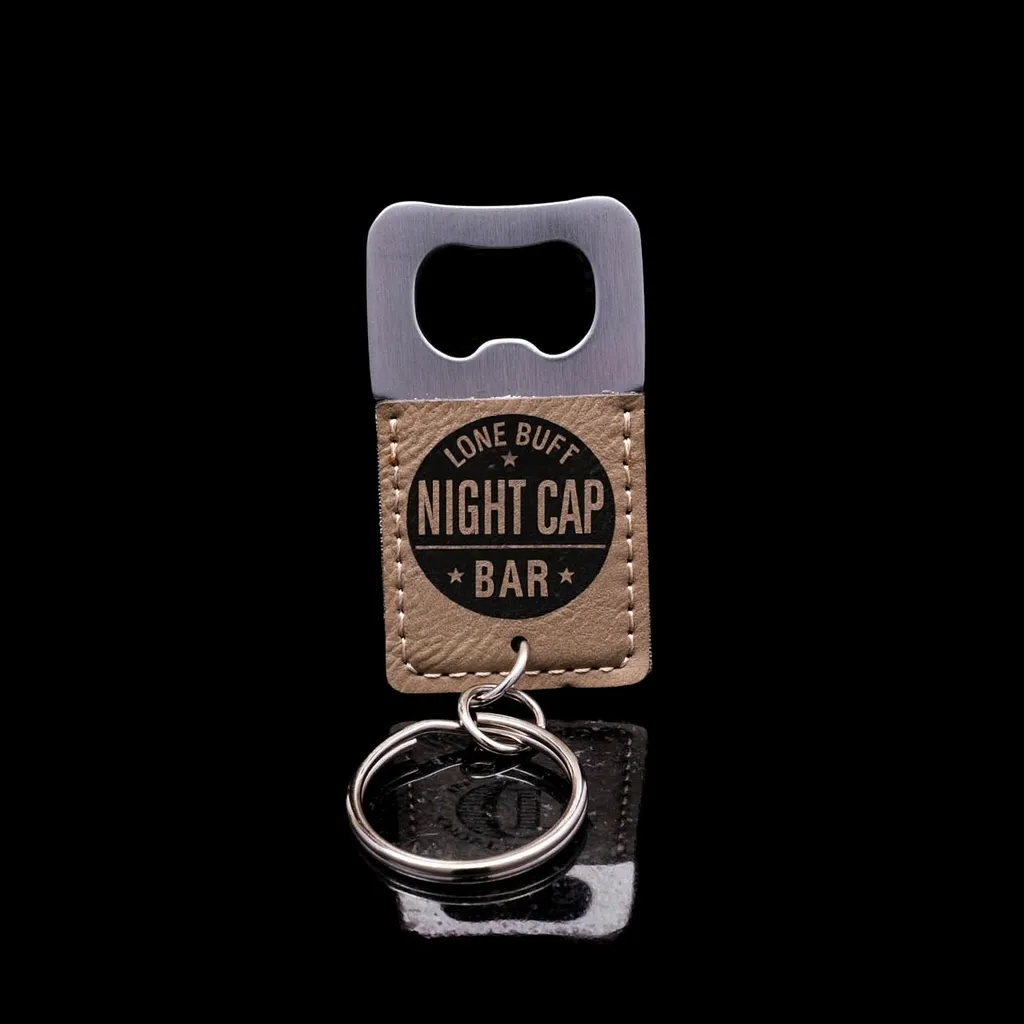 Square Tan Keychain Bottle Opener — custom engraved with a brand logo