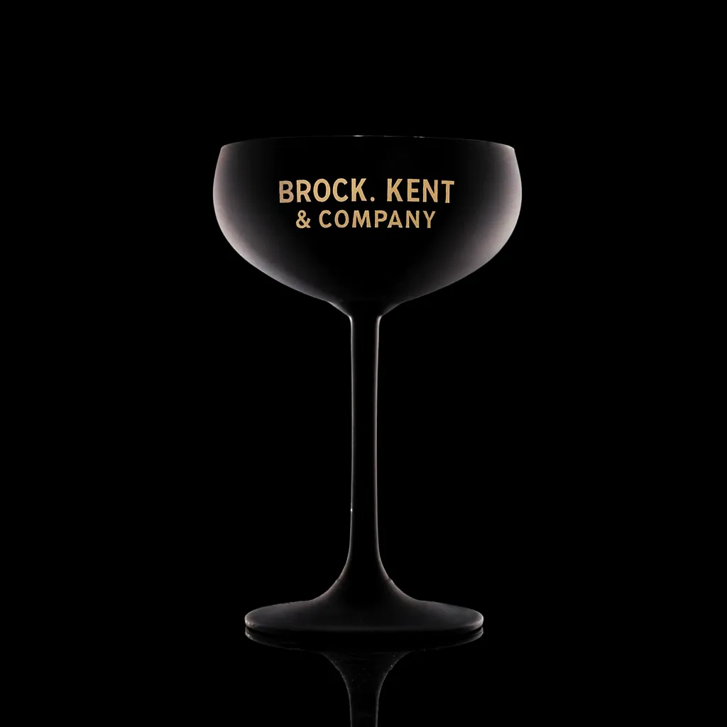Stolzle Black & Gold Glisten Coupe — custom engraved with a brand logo