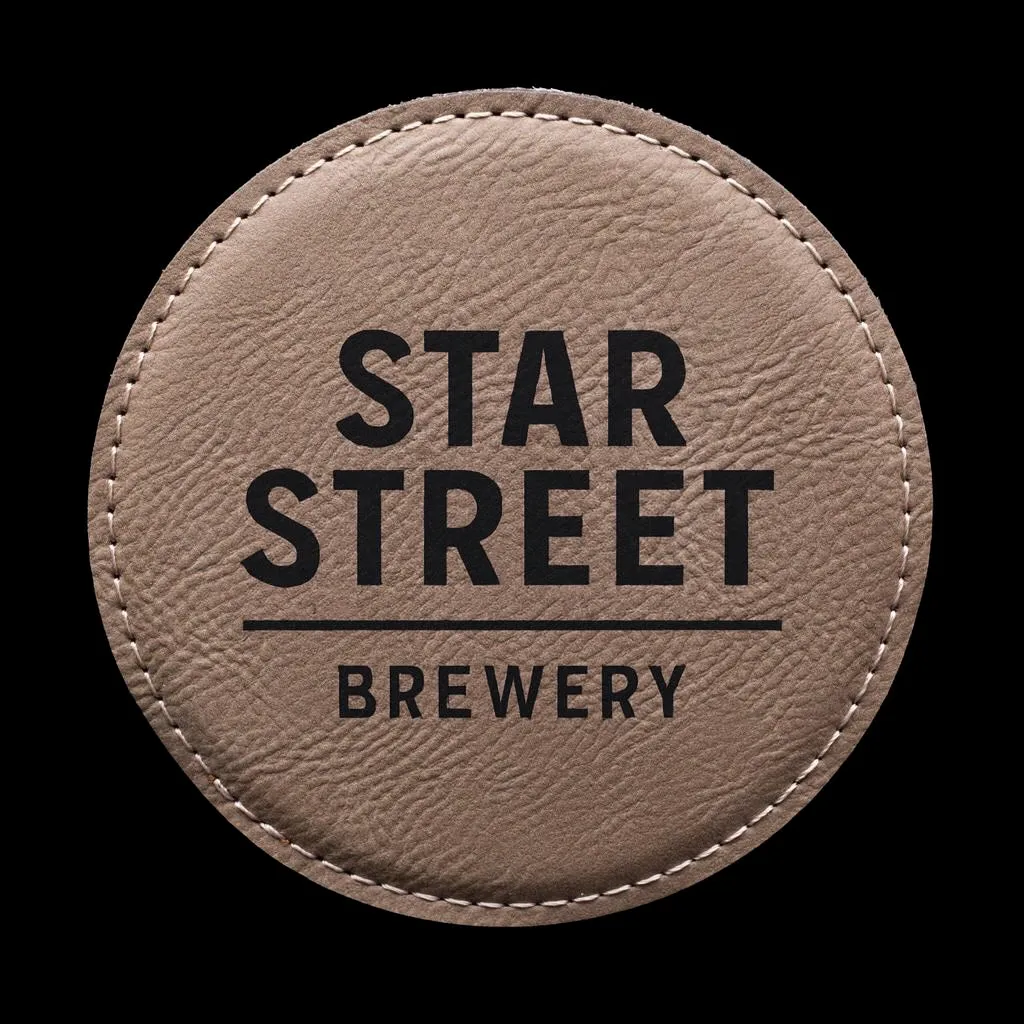 Tan Round Coaster — custom engraved with a brand logo